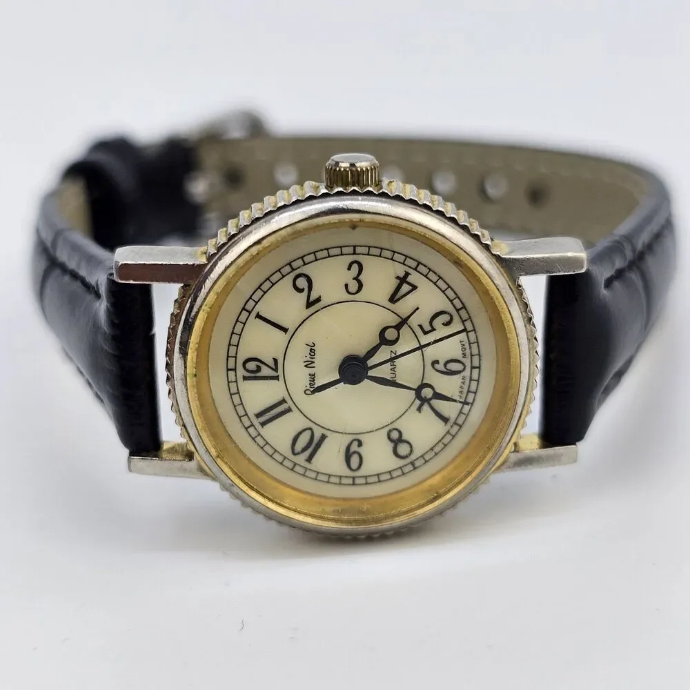 VTG Pierre Nicol Women Watch 24MM Cream Dial New Black Leather Bands New Battery